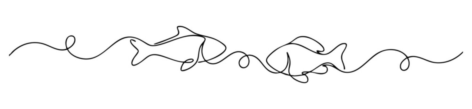 Minimalist one-line illustration of two fish swimming in a continuous fluid motion