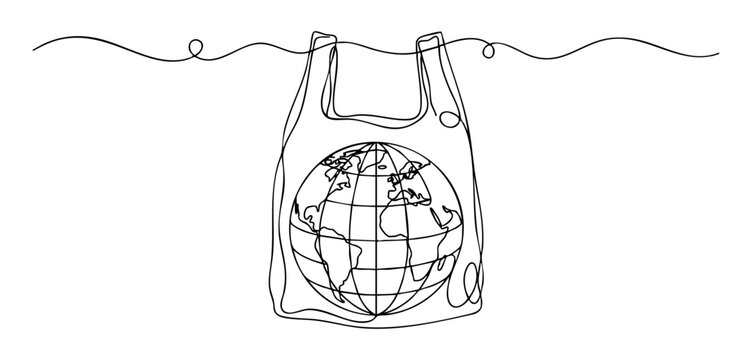 Planet earth trapped inside a plastic bag in continuous line drawing, environmental awareness, global pollution, plastic free concept
