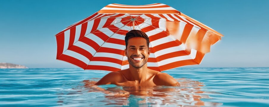 Smiling man swimming in the ocean holding a red striped umbrella on a sunny day