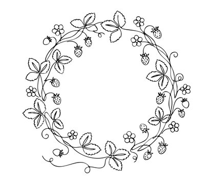 Minimalist one-line illustration of wild strawberry wreath with delicate flowers and berries