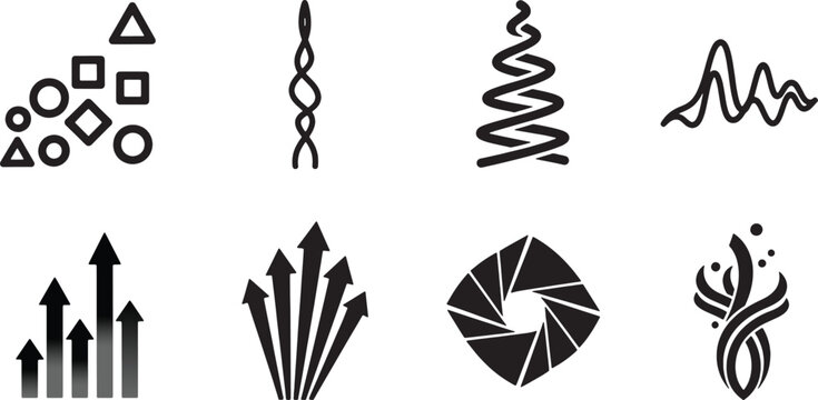 Set of abstract geometric shapes and symbols, including arrows, spirals, and data visualization elements, vector icons