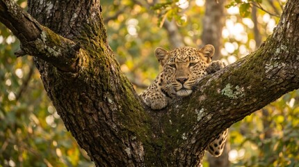 Fototapeta premium Leopard resting peacefully in the sunlit branches of a large tree