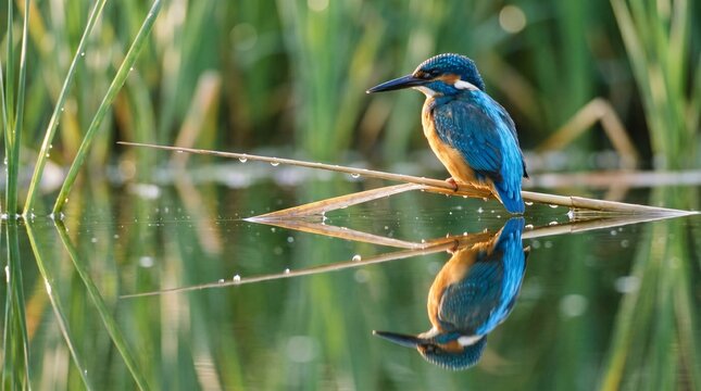 Common kingfisher perched on a reed, reflected in calm water