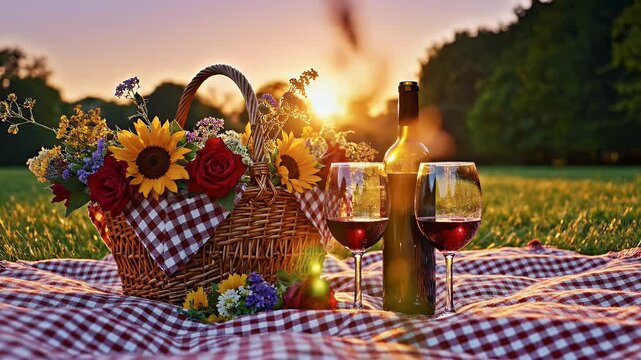 A charming picnic scene featuring a wicker basket overflowing with vibrant flowers, a bottle of red wine, and two glasses, bathed in the warm glow of a setting sun.