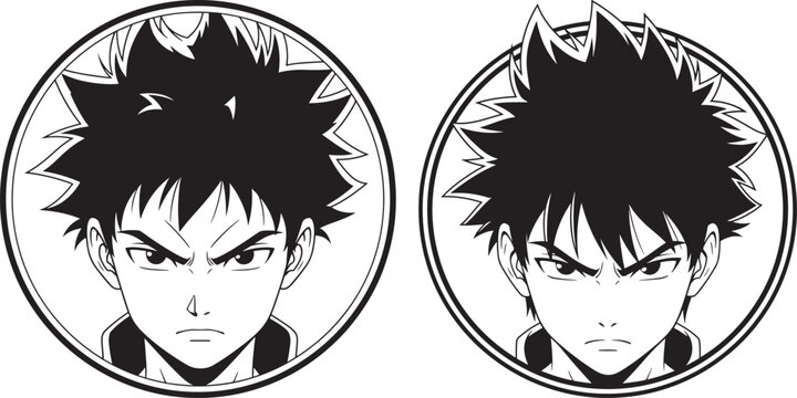 Two anime boy faces with spiky hair and intense expressions in circular frames black and white illustration digital art line art profile picture character illustration expression portrait