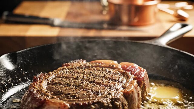 Juicy ribeye steak searing in a hot cast iron skillet with melting butter and steam.