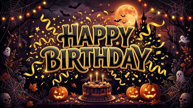 Spooky Birthday Celebration with Halloween Elements and Cake