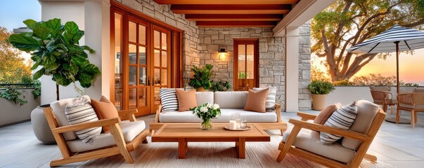 Fototapeta premium Cozy outdoor patio lounge with wooden seating, cushions and sunset views on a stone terrace