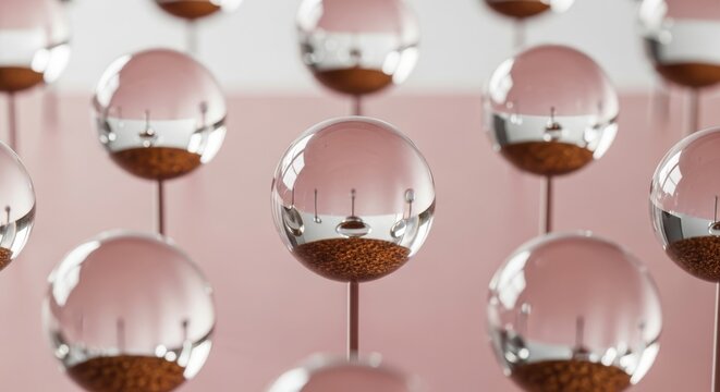 Multiple glass hourglasses with brown sand on pink surface