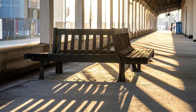 Wooden bench at train station with sunlight and long shadows editorial image