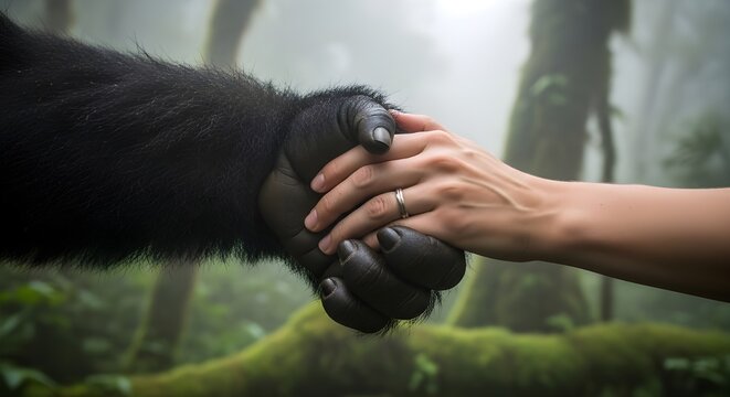 Cross river gorilla human connection hands clasped in misty forest intimate wildlife moment