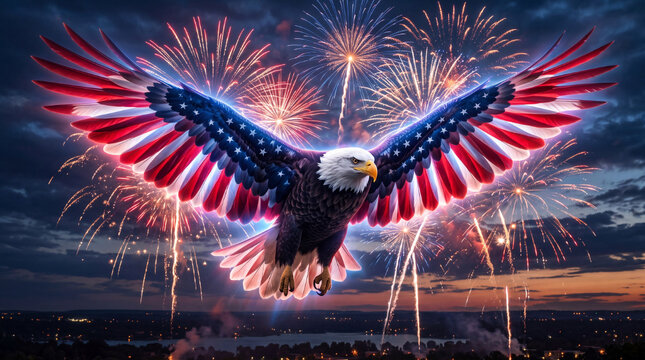 A dramatic digital art illustration of a glowing bald eagle with american flag patterned wings soaring through a dark night sky filled with colorful exploding fireworks over a city