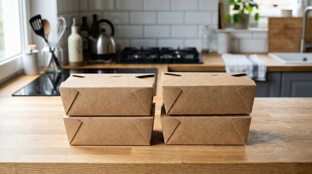 Takeout food containers on a kitchen counter