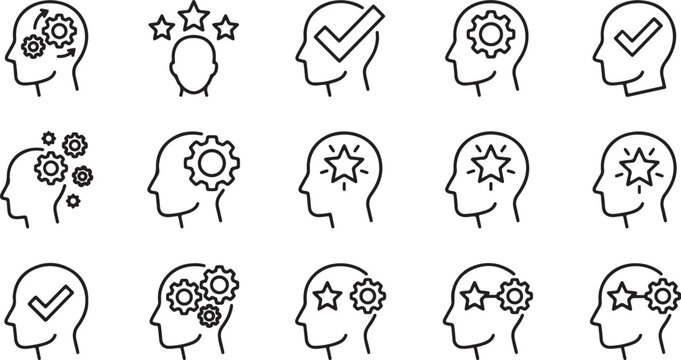 Minimalist mental health line icons, 15 human head profile vector set, psychology and brain function symbols for wellness apps and corporate training