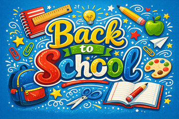 Fototapeta premium Bright back to school illustration with stationery supplies backpack notebook pencil and playful colorful elements on blue background
