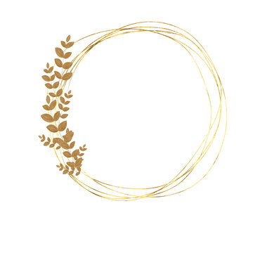 Metallic Gold Geometric Frame with Bronze Botanical Accents on Transparent Background. Polygonal gold lines that create a modern, faceted structure, complemented by graceful leaf clusters in warm gold