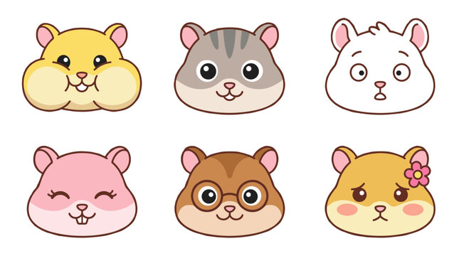 Cute Hamster Faces Cartoon Character Set, Kawaii Rodent Avatars with Different Expressions, Happy, Surprised, Sad, Nerdy and Cheeky Pet Hamsters