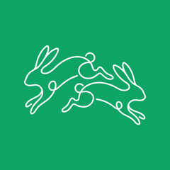 Obraz premium Two Running Rabbits Continuous Line Art on Green Background, Spring Easter Concept with Jumping Hares Outline Vector Illustration for Nature