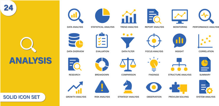Analysis Solid Icon Set. Data Analytics, Statistics, Research, Business Insights and Performance Solid Vector Icons Collection