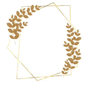 Metallic Gold Geometric Frame with Bronze Botanical Accents on Transparent Background. Polygonal gold lines that create a modern, faceted structure, complemented by graceful leaf clusters in warm gold