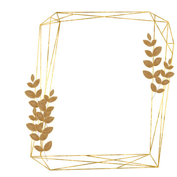 Metallic Gold Geometric Frame with Bronze Botanical Accents on Transparent Background. Polygonal gold lines that create a modern, faceted structure, complemented by graceful leaf clusters in warm gold
