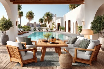Fototapeta premium Luxury wooden outdoor dining and lounge set by a pool at a Mediterranean villa terrace