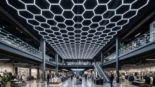 Grand retail clothing store with impressive hexagonal ceiling light grid and architectural open levels for fashion sales.