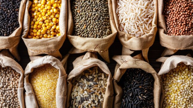 Bags contain various grains staple food from plant seeds