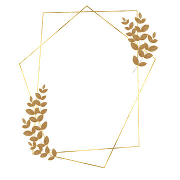 Metallic Gold Geometric Frame with Bronze Botanical Accents on Transparent Background. Polygonal gold lines that create a modern, faceted structure, complemented by graceful leaf clusters in warm gold