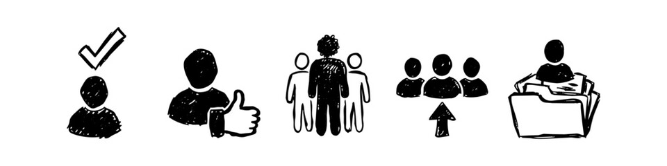 Set of hand-drawn human resources and recruitment icons including a selected candidate, thumbs up approval, team leadership, career growth, and employee file management in a doodle sketch style. © Trends