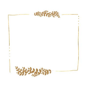Metallic Gold Geometric Frame with Bronze Botanical Accents on Transparent Background. Polygonal gold lines that create a modern, faceted structure, complemented by graceful leaf clusters in warm gold