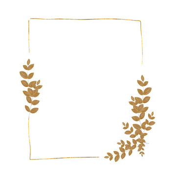 Metallic Gold Geometric Frame with Bronze Botanical Accents on Transparent Background. Polygonal gold lines that create a modern, faceted structure, complemented by graceful leaf clusters in warm gold