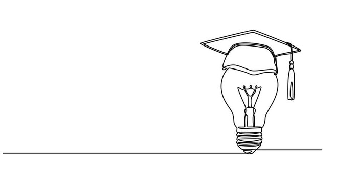 Animation of one single line drawing of bright lightbulb wearing graduation cap logo identity. Smart study academy logotype icon template concept. Continuous line self draw animated illustration.