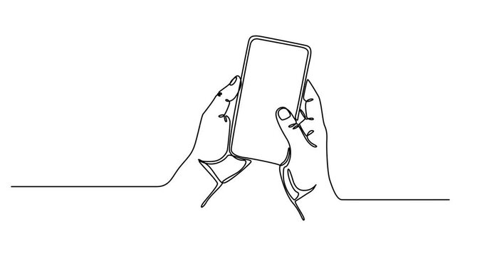 Animated self drawing of  Continuous line drawing of two hands holding a smartphone in a modern minimalistic style, Simple one line art illustration of a person using a mobile phone representing