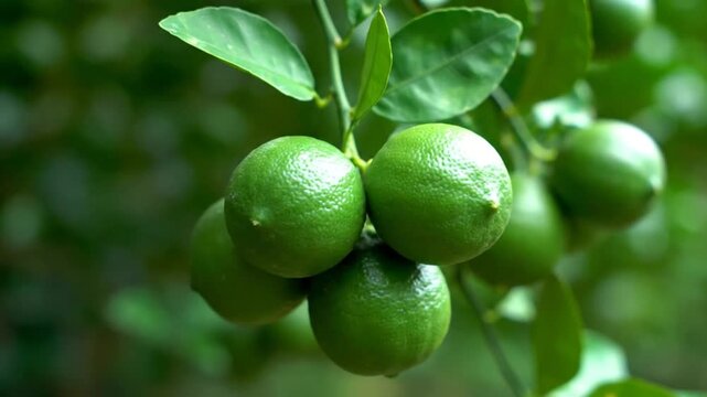 Green limes growing on tree branch.