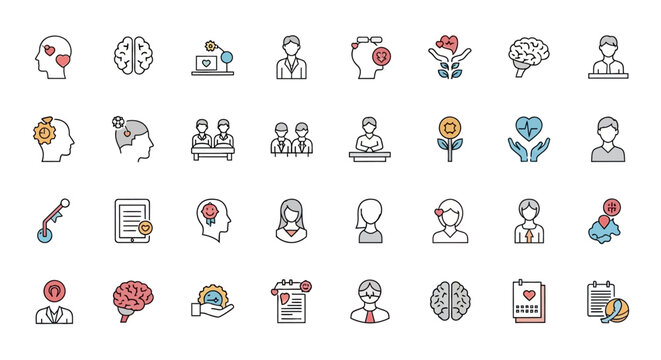 Mental Health Icons: Brain, Therapy, Psychology, Care, Wellbeing, Emotions