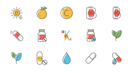 Vitamins, Supplements, Health Icons: D, C, B, K, Orange, Pills, Drops © Neylaaulia