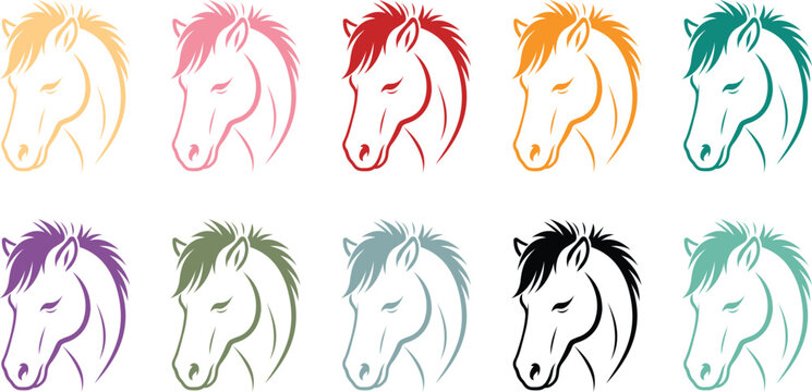 Colorful Horse Head Silhouettes Pattern Set, Elegant Horse Silhouette Collection Animal Head Design
