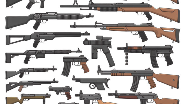 Assorted modern rifles and shotguns in a lineup display Vector