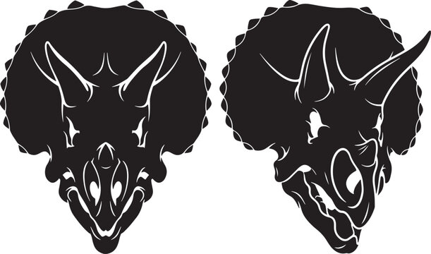 Two triceratops dinosaur skulls in silhouette with animal skull white background graphic element dinosaur art ancient animal prehistoric creature three horns bone structure triceratops