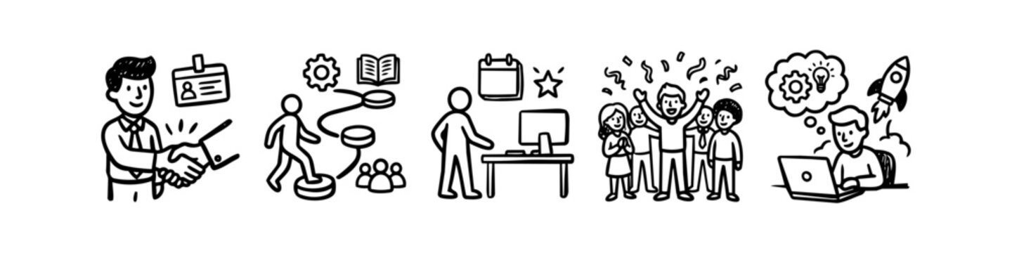 Hand-drawn doodle illustration showing an employee lifecycle: hiring, career path development, workplace success, team celebration, and innovative startup growth.