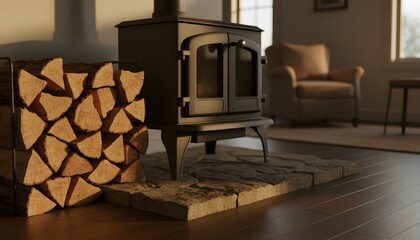 Naklejka premium Firewood stacked beside iron stove in a cozy living room for home heating concept and winter warmth with golden hour lighting on stone hearth