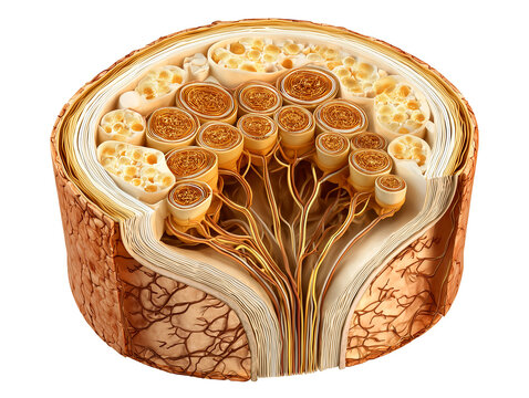 Human olfactory bulb anatomy illustration showing layered organ cross section with mitral cell row glomerular layer and central vascular branching architecture