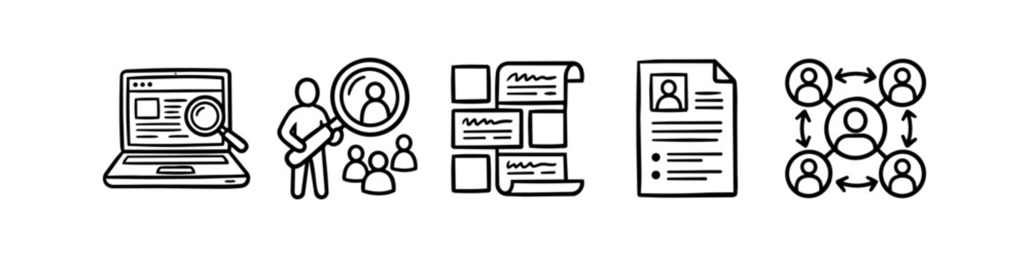 Hand-drawn recruitment and job search doodle icons featuring a laptop search, talent selection, resume, and professional networking. Perfect for HR and career-related designs.