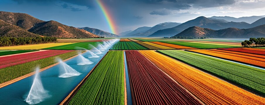 Drone aerial view of irrigated farmland with colorful crop fields, sprinklers and a rainbow over mountains