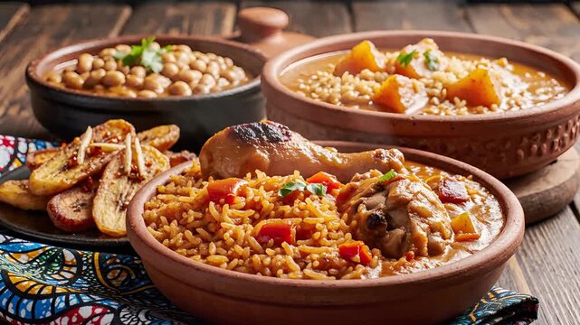 Delicious African Cuisine Assortment Served in Clay Bowls.