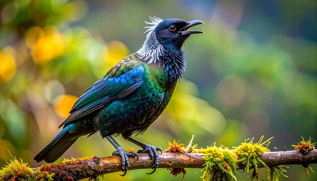Bird singing on branch.