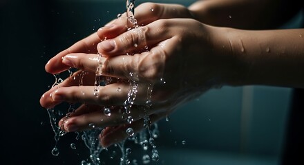 Fototapeta premium Washing hands under a refreshing stream of clean water, a close-up highlighting essential daily hygiene practices for personal health and well-being