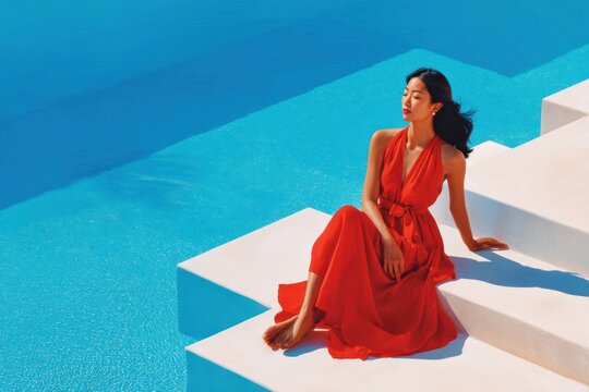 Woman in a red dress relaxing by a bright blue pool on white steps in summer light