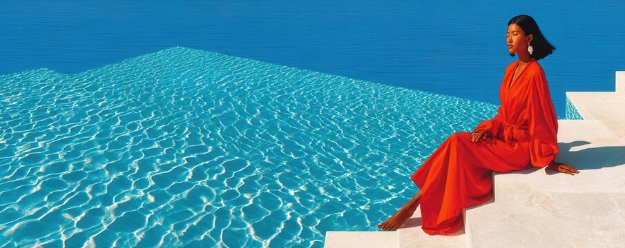 Woman in a flowing red dress relaxing on white steps beside a bright blue infinity pool at midday